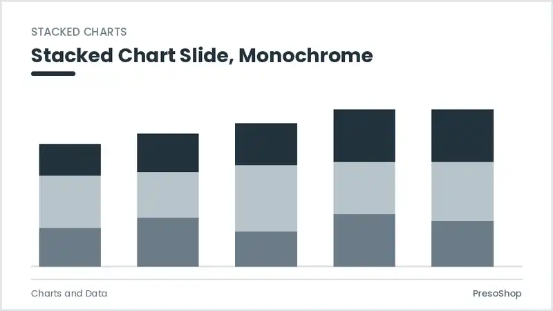 Editable PowerPoint stacked chart slide template in a monochrome treatment, built from recolourable native shapes for charts and data decks
