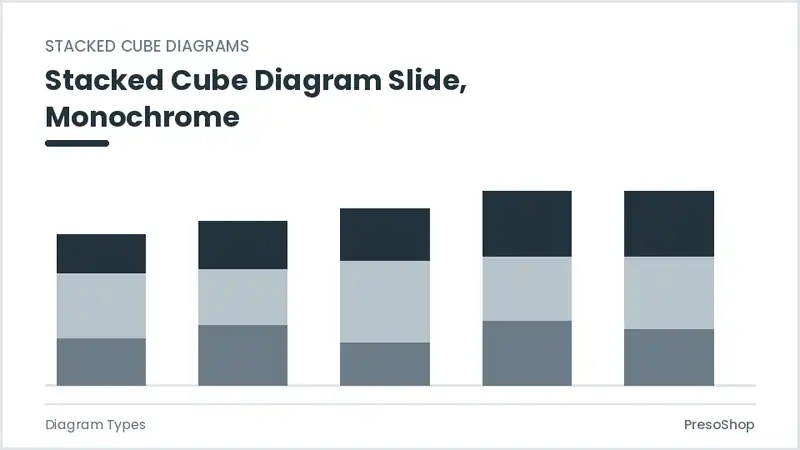 Editable PowerPoint stacked cube diagram slide template in a monochrome treatment, built from recolourable native shapes for diagram types decks
