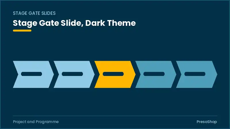 Editable PowerPoint stage gate slide template in a dark theme, built from recolourable native shapes for project and programme decks