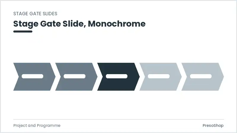 Editable PowerPoint stage gate slide template in a monochrome treatment, built from recolourable native shapes for project and programme decks