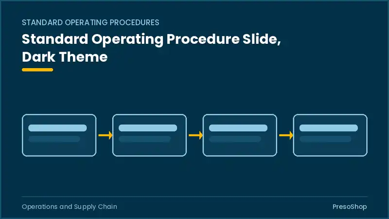 Editable PowerPoint standard operating procedure slide template in a dark theme, built from recolourable native shapes for operations and supply chain decks