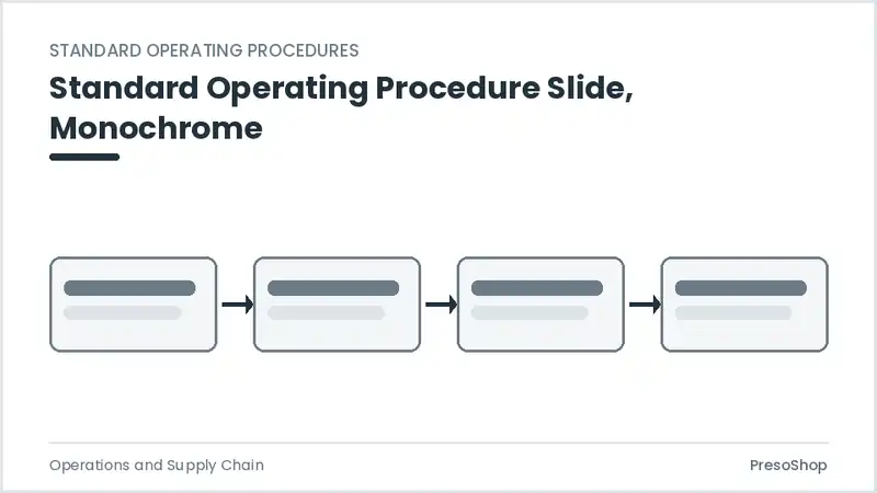 Editable PowerPoint standard operating procedure slide template in a monochrome treatment, built from recolourable native shapes for operations and supply chain decks