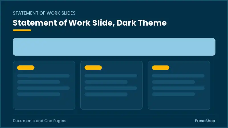 Editable PowerPoint statement of work slide template in a dark theme, built from recolourable native shapes for documents and one pagers decks