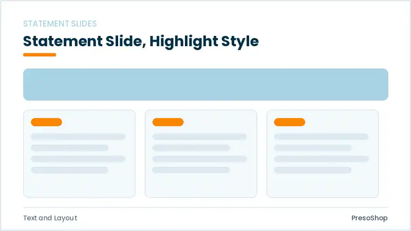 Editable PowerPoint statement slide template with an accented takeaway, built from recolourable native shapes for text and layout decks