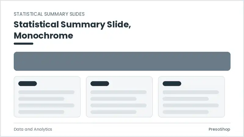 Editable PowerPoint statistical summary slide template in a monochrome treatment, built from recolourable native shapes for data and analytics decks