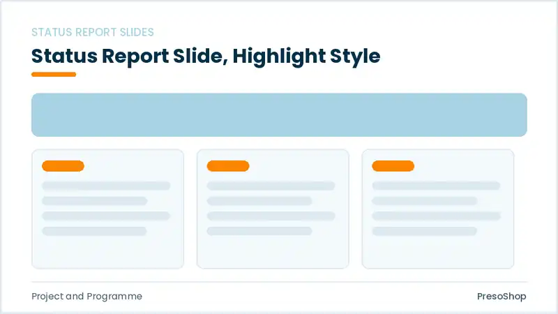 Editable PowerPoint status report slide template with an accented takeaway, built from recolourable native shapes for project and programme decks