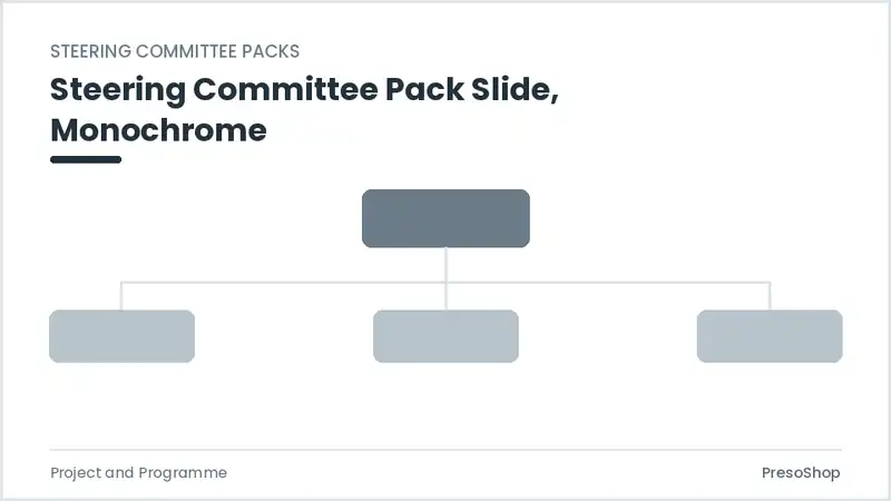 Editable PowerPoint steering committee pack slide template in a monochrome treatment, built from recolourable native shapes for project and programme decks