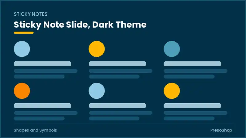 Editable PowerPoint sticky note slide template in a dark theme, built from recolourable native shapes for shapes and symbols decks