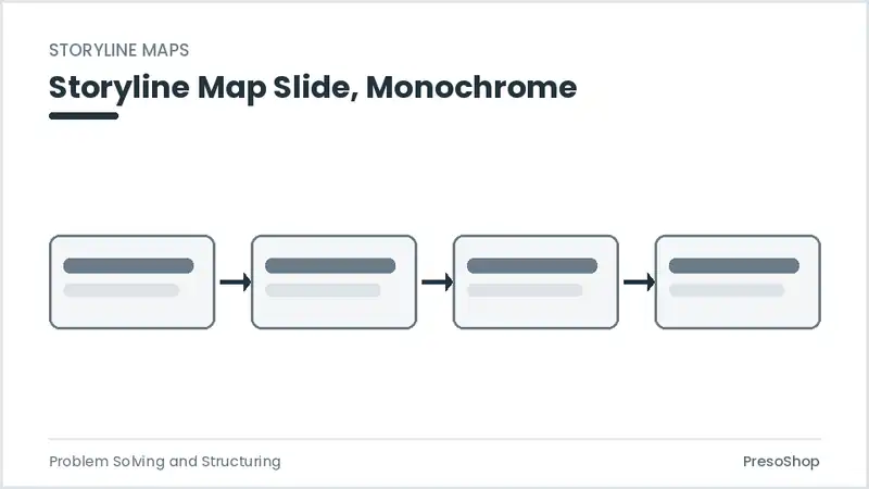 Editable PowerPoint storyline map slide template in a monochrome treatment, built from recolourable native shapes for problem solving and structuring decks