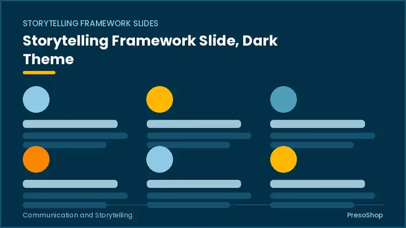 Editable PowerPoint storytelling framework slide template in a dark theme, built from recolourable native shapes for communication and storytelling decks