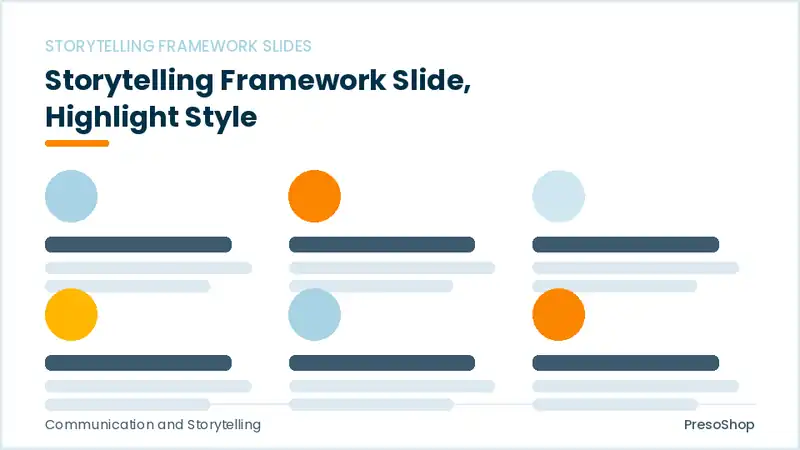 Editable PowerPoint storytelling framework slide template with an accented takeaway, built from recolourable native shapes for communication and storytelling decks