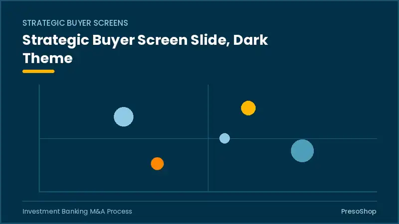 Editable PowerPoint strategic buyer screen slide template in a dark theme, built from recolourable native shapes for investment banking m&a process decks