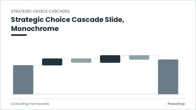 Editable PowerPoint strategic choice cascade slide template in a monochrome treatment, built from recolourable native shapes for consulting frameworks decks