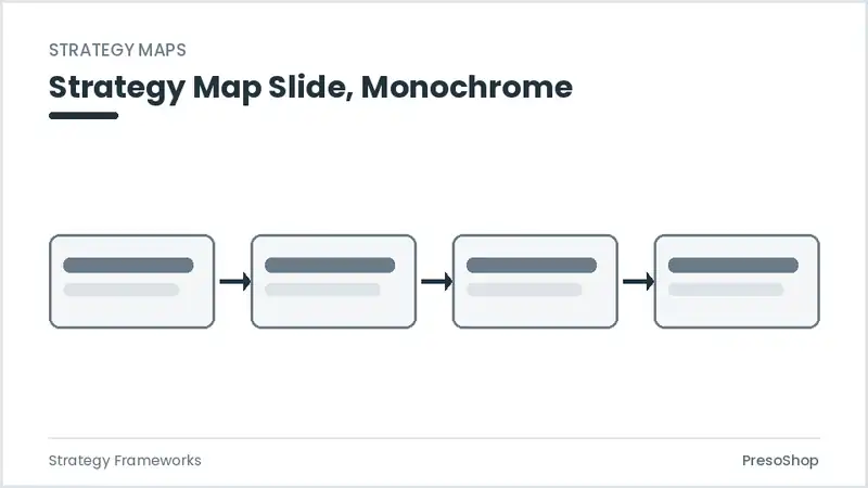 Editable PowerPoint strategy map slide template in a monochrome treatment, built from recolourable native shapes for strategy frameworks decks