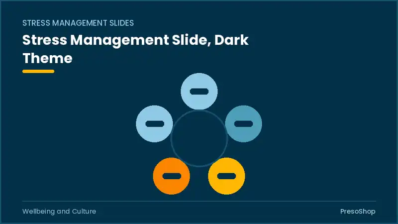 Editable PowerPoint stress management slide template in a dark theme, built from recolourable native shapes for wellbeing and culture decks