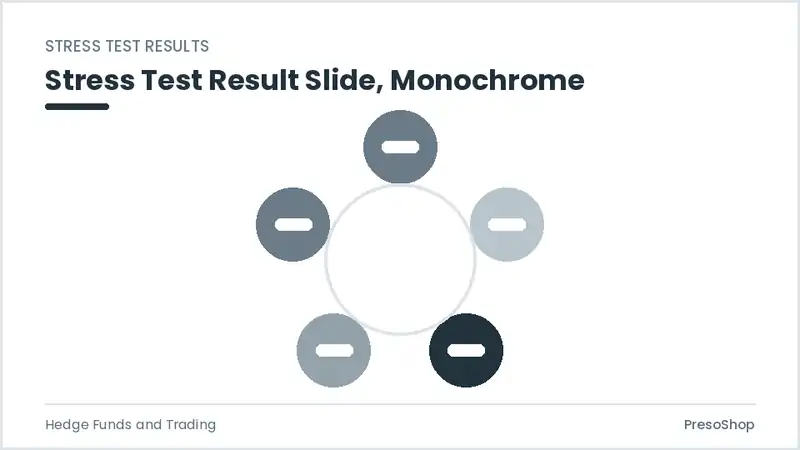 Editable PowerPoint stress test result slide template in a monochrome treatment, built from recolourable native shapes for hedge funds and trading decks