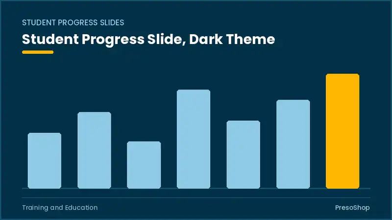 Editable PowerPoint student progress slide template in a dark theme, built from recolourable native shapes for training and education decks