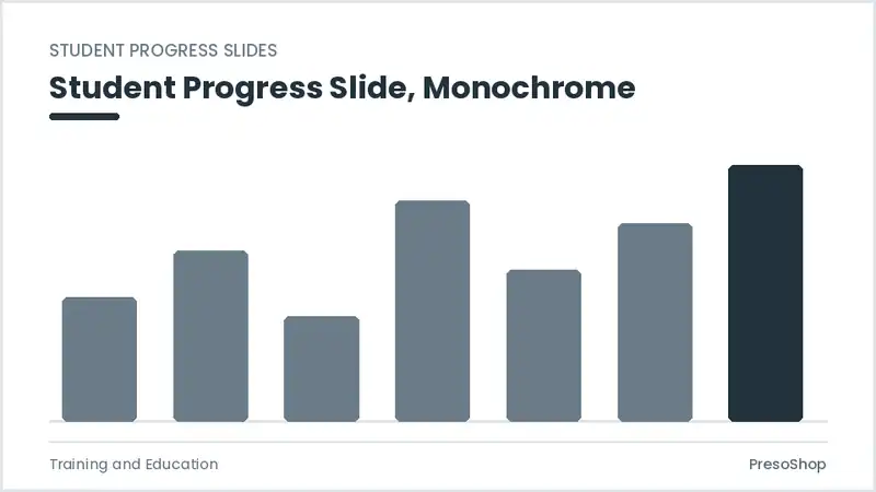 Editable PowerPoint student progress slide template in a monochrome treatment, built from recolourable native shapes for training and education decks