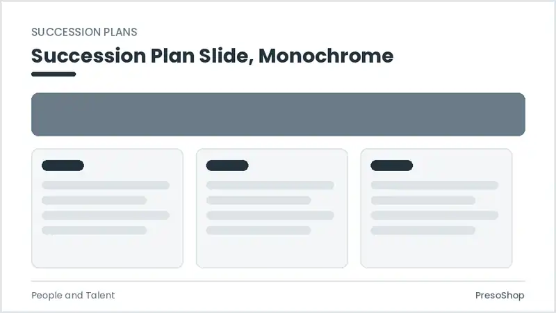Editable PowerPoint succession plan slide template in a monochrome treatment, built from recolourable native shapes for people and talent decks