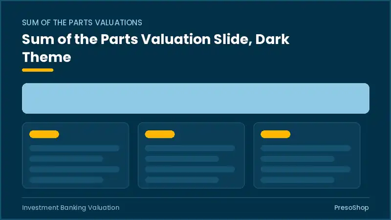 Editable PowerPoint sum of the parts valuation slide template in a dark theme, built from recolourable native shapes for investment banking valuation decks