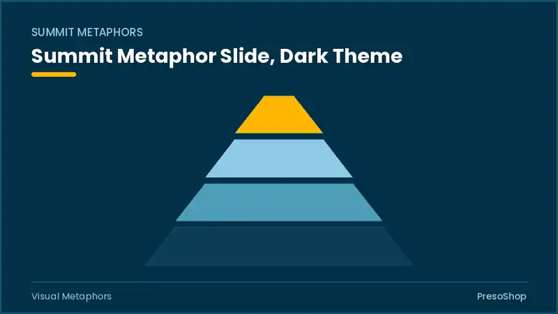 Editable PowerPoint summit metaphor slide template in a dark theme, built from recolourable native shapes for visual metaphors decks