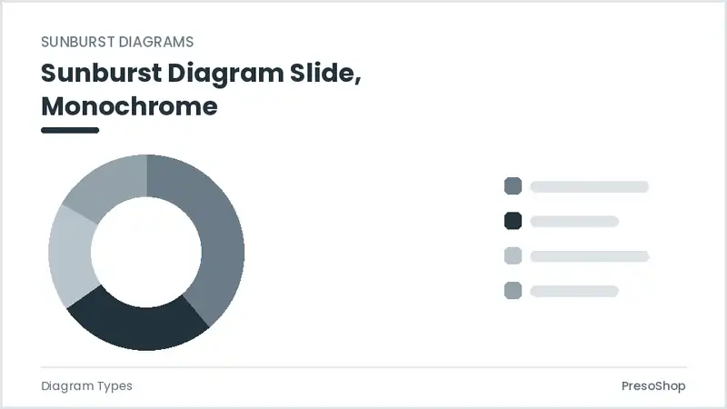 Editable PowerPoint sunburst diagram slide template in a monochrome treatment, built from recolourable native shapes for diagram types decks