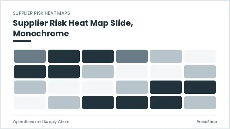 Editable PowerPoint supplier risk heat map slide template in a monochrome treatment, built from recolourable native shapes for operations and supply chain decks