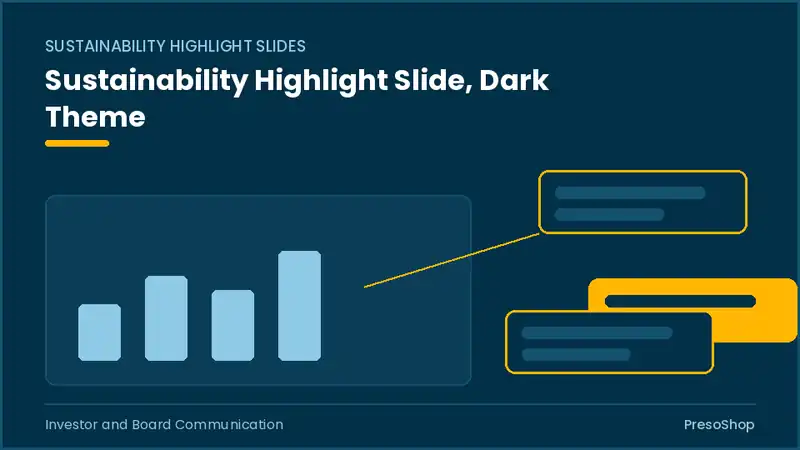 Editable PowerPoint sustainability highlight slide template in a dark theme, built from recolourable native shapes for investor and board communication decks