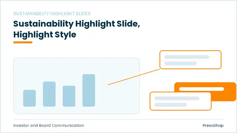 Editable PowerPoint sustainability highlight slide template with an accented takeaway, built from recolourable native shapes for investor and board communication decks