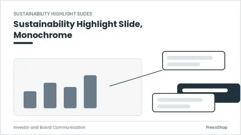 Editable PowerPoint sustainability highlight slide template in a monochrome treatment, built from recolourable native shapes for investor and board communication decks