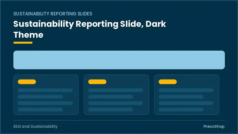 Editable PowerPoint sustainability reporting slide template in a dark theme, built from recolourable native shapes for esg and sustainability decks