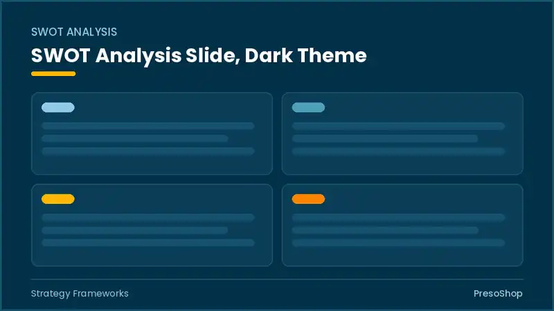 Editable PowerPoint swot analysis slide template in a dark theme, built from recolourable native shapes for strategy frameworks decks