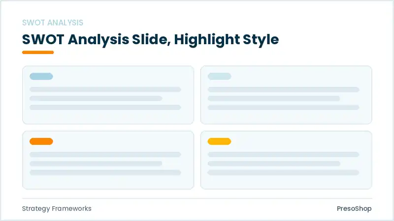 Editable PowerPoint swot analysis slide template with an accented takeaway, built from recolourable native shapes for strategy frameworks decks