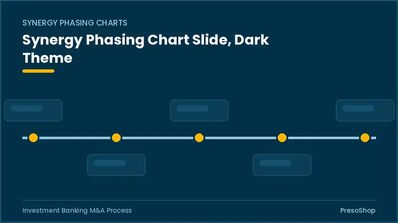 Editable PowerPoint synergy phasing chart slide template in a dark theme, built from recolourable native shapes for investment banking m&a process decks