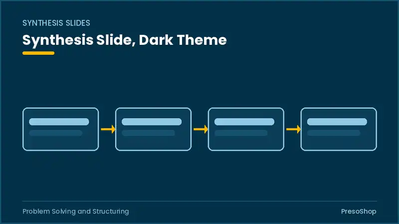 Editable PowerPoint synthesis slide template in a dark theme, built from recolourable native shapes for problem solving and structuring decks