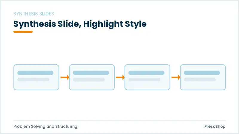 Editable PowerPoint synthesis slide template with an accented takeaway, built from recolourable native shapes for problem solving and structuring decks