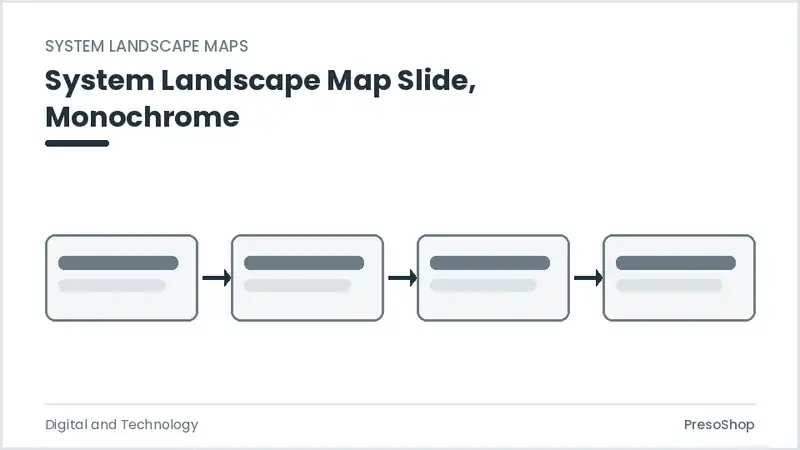 Editable PowerPoint system landscape map slide template in a monochrome treatment, built from recolourable native shapes for digital and technology decks