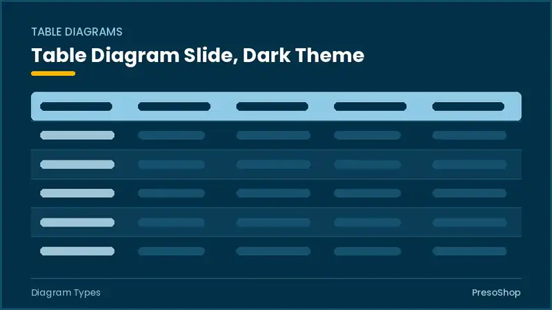 Editable PowerPoint table diagram slide template in a dark theme, built from recolourable native shapes for diagram types decks