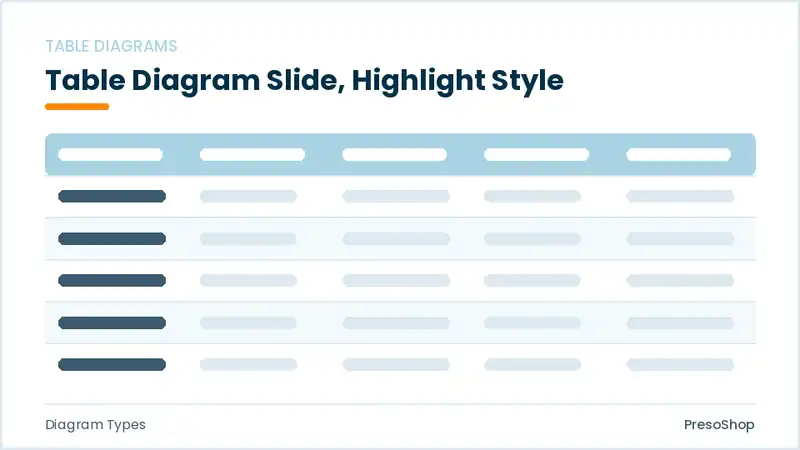 Editable PowerPoint table diagram slide template with an accented takeaway, built from recolourable native shapes for diagram types decks