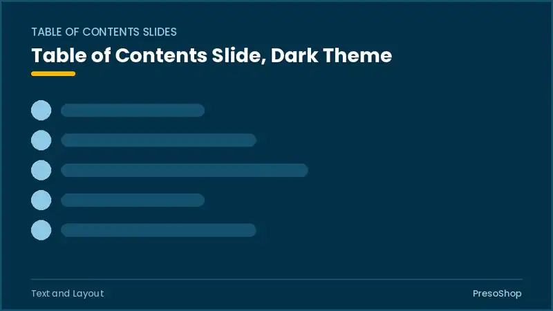 Editable PowerPoint table of contents slide template in a dark theme, built from recolourable native shapes for text and layout decks