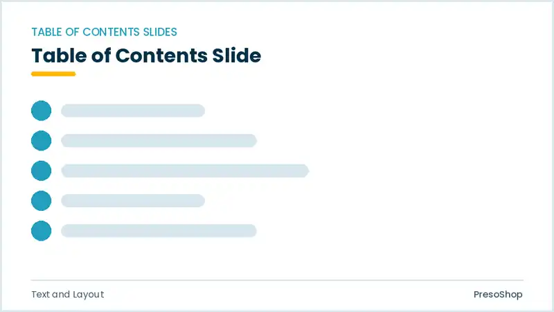Editable PowerPoint table of contents slide template, built from recolourable native shapes for text and layout decks
