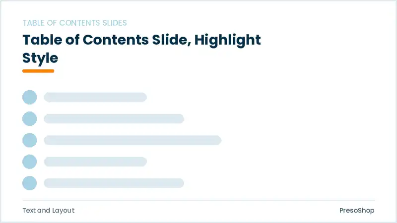 Editable PowerPoint table of contents slide template with an accented takeaway, built from recolourable native shapes for text and layout decks