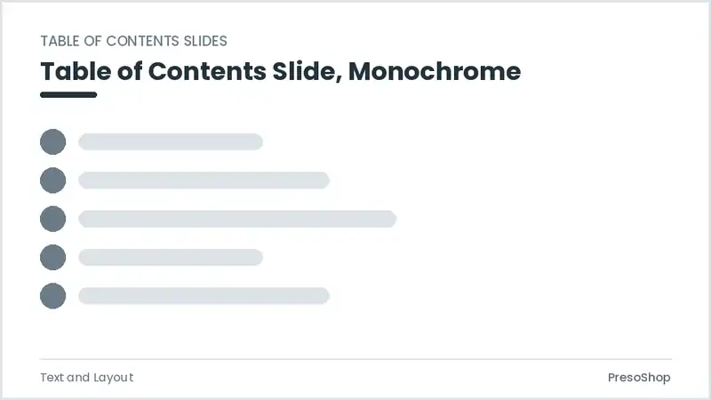 Editable PowerPoint table of contents slide template in a monochrome treatment, built from recolourable native shapes for text and layout decks
