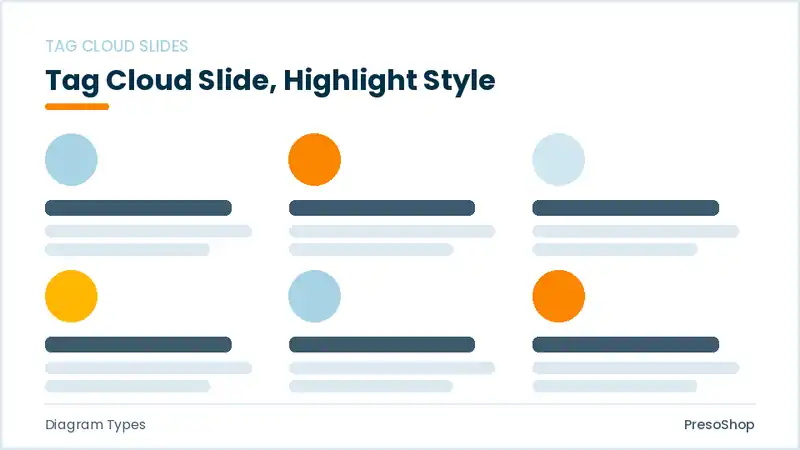 Editable PowerPoint tag cloud slide template with an accented takeaway, built from recolourable native shapes for diagram types decks