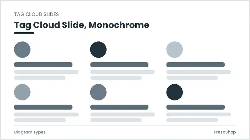Editable PowerPoint tag cloud slide template in a monochrome treatment, built from recolourable native shapes for diagram types decks