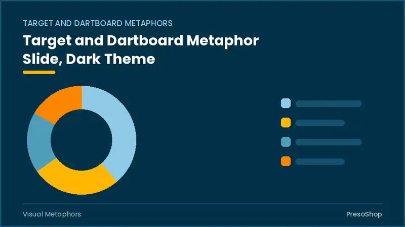 Editable PowerPoint target and dartboard metaphor slide template in a dark theme, built from recolourable native shapes for visual metaphors decks