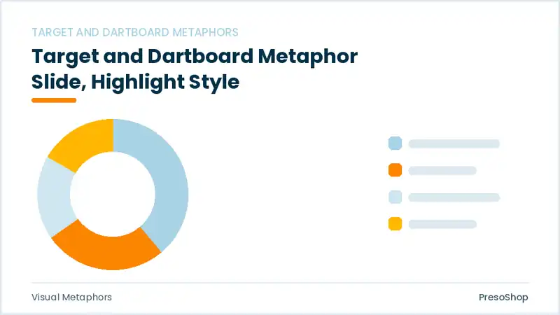 Editable PowerPoint target and dartboard metaphor slide template with an accented takeaway, built from recolourable native shapes for visual metaphors decks