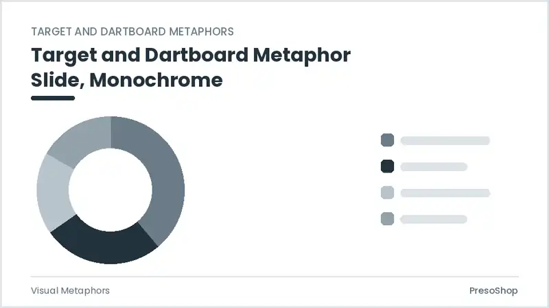 Editable PowerPoint target and dartboard metaphor slide template in a monochrome treatment, built from recolourable native shapes for visual metaphors decks