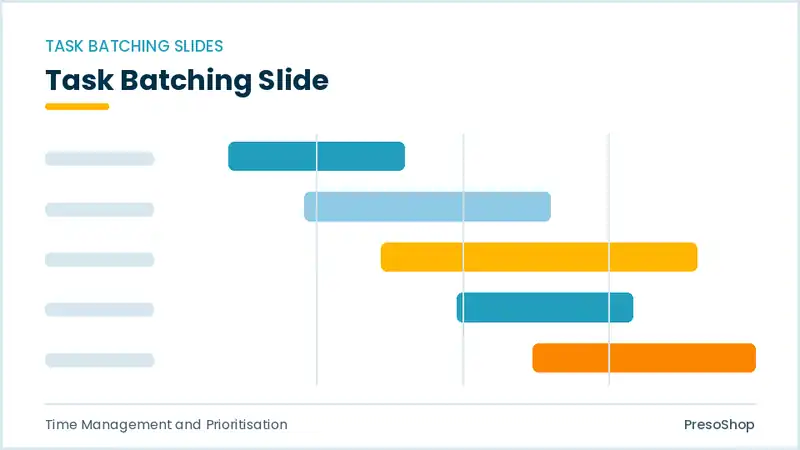 Editable PowerPoint task batching slide template, built from recolourable native shapes for time management and prioritisation decks