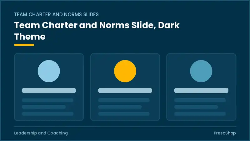 Editable PowerPoint team charter and norms slide template in a dark theme, built from recolourable native shapes for leadership and coaching decks